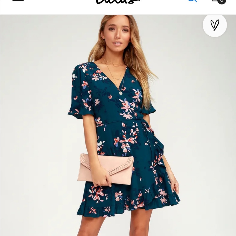 Lulus dalton teal blue floral print ruffled wrap dress